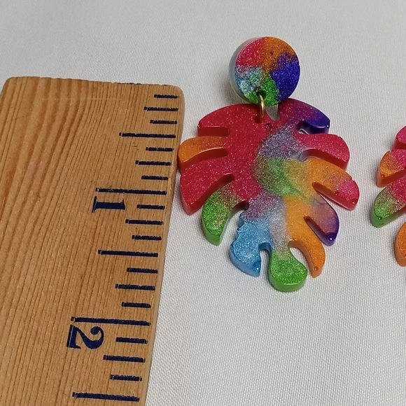 Hand Crafted Rainbow Monstera Leaf Earrings - Picture 4 of 4